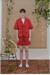 High-Waisted Linen Shorts with Frayed Hem and Button Detailing